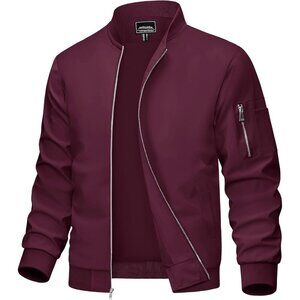 🆕 Men Red Bomber Jacket Lightweight Casual Windbreaker Full Zip Spring Coat